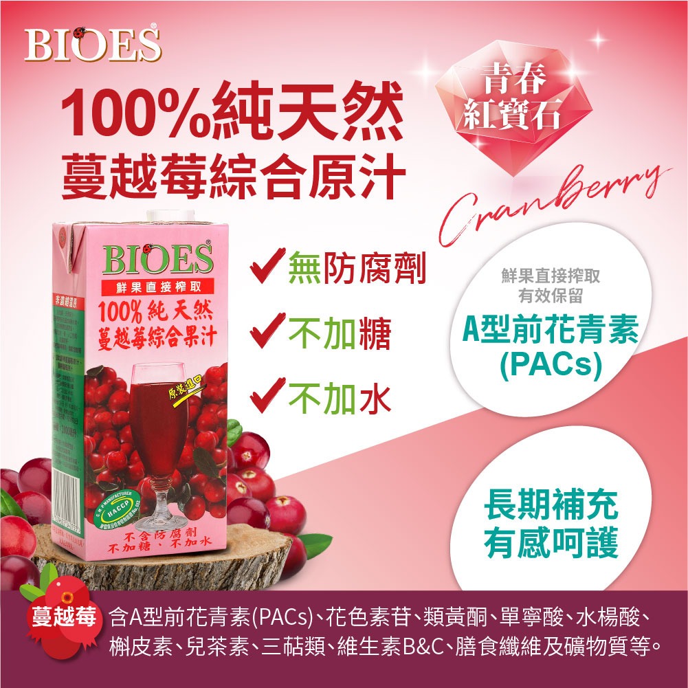 【囍瑞 BIOES】純天然 100% 蔓越莓汁綜合原汁(1000ml) x12瓶◉90A028